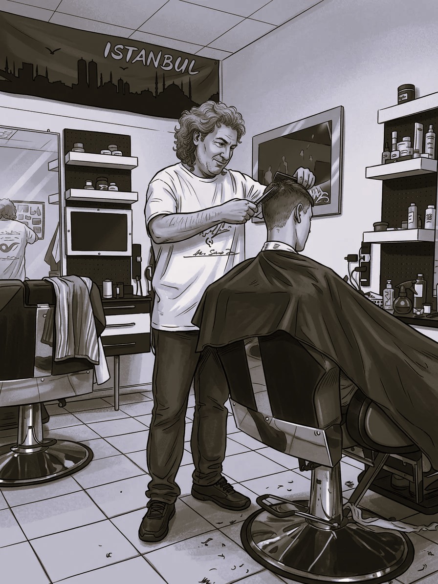 Ibo bei der Arbeit – Illustration aus dem Salon mit Istanbul-Schild